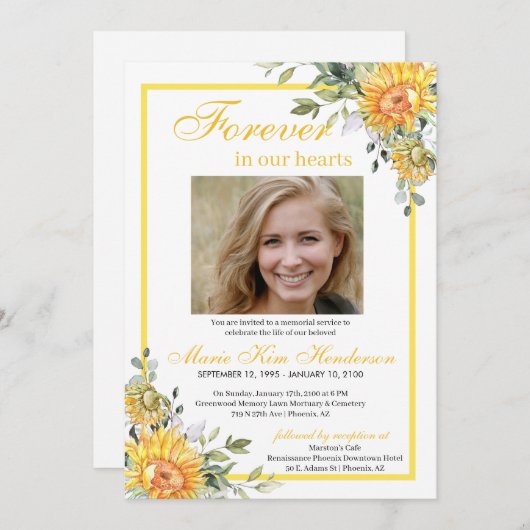 Zonnebloemen Greenery Forever in ons hart Funeral Kaart (Voorkant / Achterkant)
