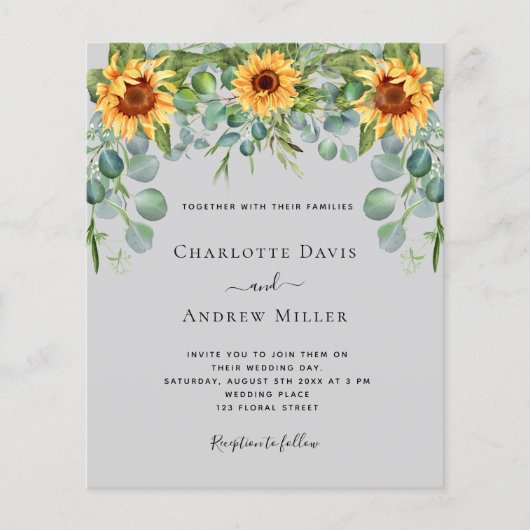 Zonnebloemen grijze eucalyptus groen uitnodiging (Voorkant)