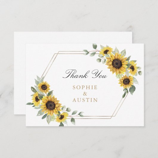 Zonnebloemen groen geometrisch goud bruiloft bedankkaart (Voorkant / Achterkant)