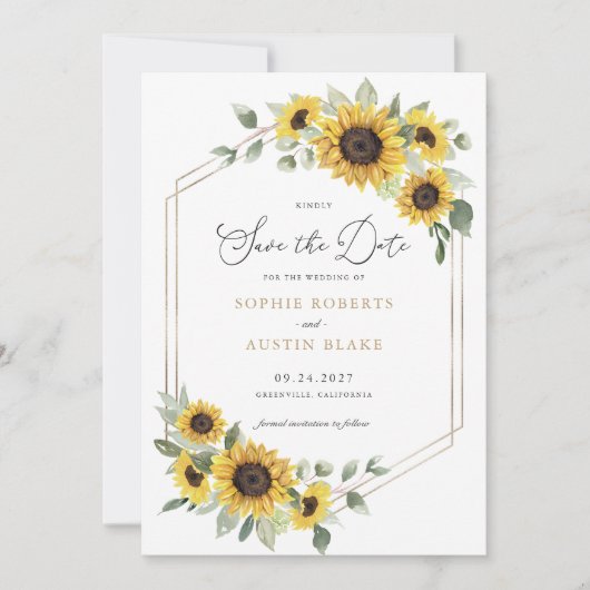 Zonnebloemen Groen Geometrisch Goud Save the Date Kaart (Voorkant)