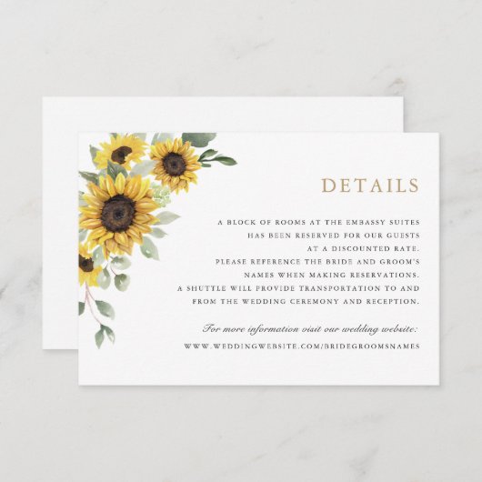 Zonnebloemen groen olijfbladeren bruiloft details kaart (Voorkant / Achterkant)