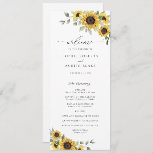 Zonnebloemen groen olijfbladeren rustieke bruiloft programmakaart (Voorkant / Achterkant)