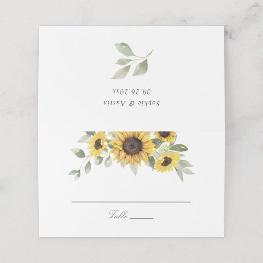 Zonnebloemen Groene Bladeren Trouwtafel Plaatskaartje (Buitenkant ongevouwen)