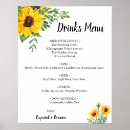 Zonnebloemen Groene Dranken Menu Trouwbord Poster