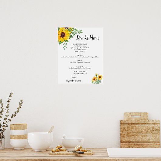 Zonnebloemen Groene Dranken Menu Trouwkaart Poster (Keuken)