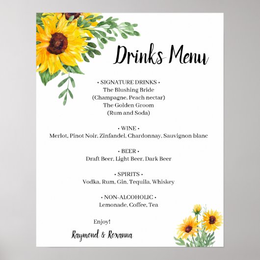 Zonnebloemen Groene Dranken Menu Trouwkaart Poster (Voorkant)