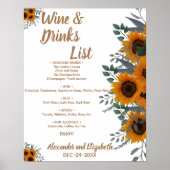 Zonnebloemen Groene Drankenlijst Bruidsbruiloft Poster (Voorkant)