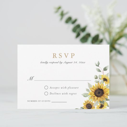 Zonnebloemen Groene Goud Geometrische Trouw RSVP Kaart (Staand voorkant)