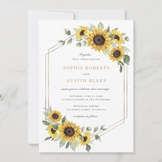Zonnebloemen Groene Goud Geometrische Trouwdag Kaart (Voorkant)