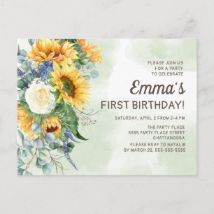 Zonnebloemen Groene Kleine Meisjes 1e Verjaardag Briefkaart
