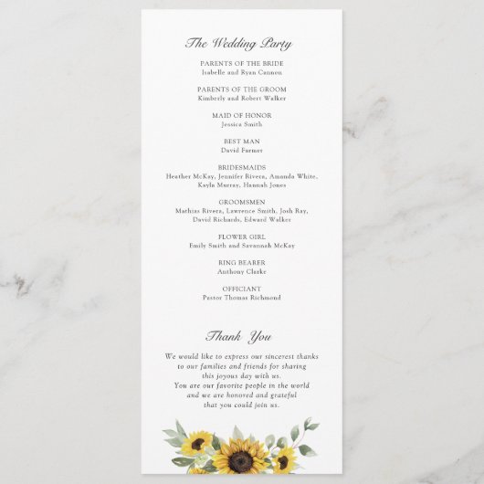 Zonnebloemen Groene Olijfbladeren Rustieke Trouwda Programmakaart (Achterkant)