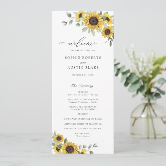 Zonnebloemen Groene Olijfbladeren Rustieke Trouwda Programmakaart (Staand voorkant)