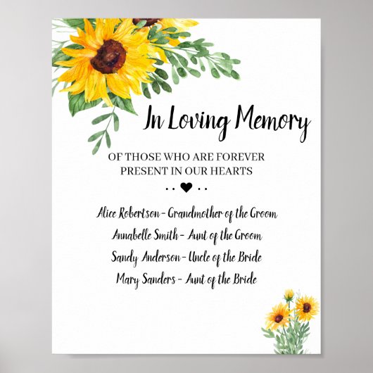 Zonnebloemen Groene Teken In Loving Memory Trouwbo Poster (Voorkant)