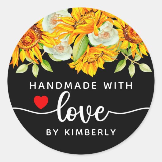 Zonnebloemen Handgemaakt met Love Black Ronde Sticker (Voorkant)