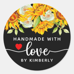 Zonnebloemen Handgemaakt met Love Black Ronde Sticker