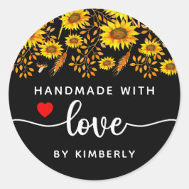 Zonnebloemen Handgemaakt met Love Black Ronde Sticker