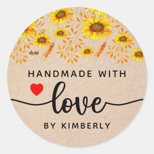Zonnebloemen Handgemaakt met Love Classic Round St Ronde Sticker (Voorkant)