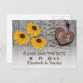 Zonnebloemen & hart op hout bruiloft Save the Date Aankondigingskaart (Voorkant / Achterkant)