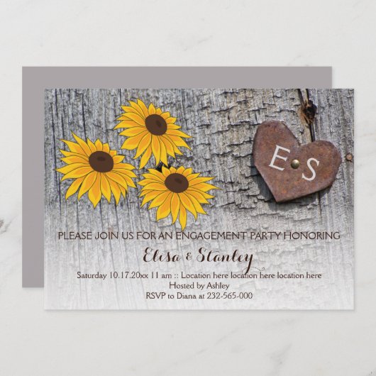 Zonnebloemen, hart op hout verlovingsfeest bruilof kaart (Voorkant / Achterkant)