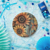 Zonnebloemen Herfst Autumn Leaves Mixed Media Papieren Bordje (Feest)