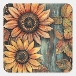 Zonnebloemen Herfst Autumn Leaves Mixed Media Vierkante Sticker