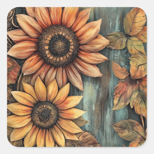 Zonnebloemen Herfst Autumn Leaves Mixed Media Vierkante Sticker (Voorkant)