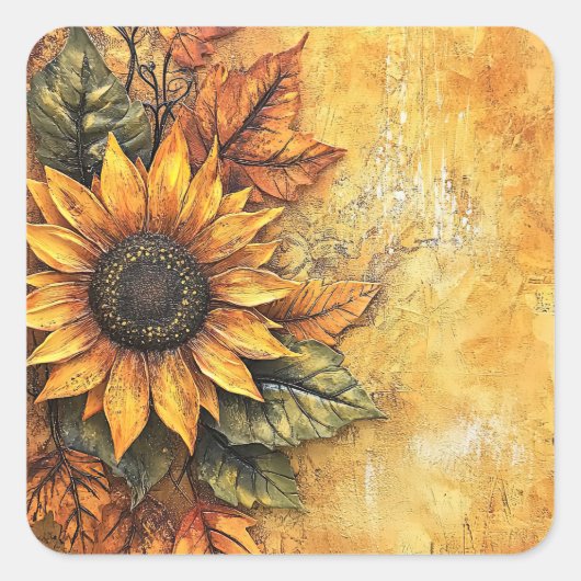 Zonnebloemen Herfst Autumn Leaves Mixed Media Vierkante Sticker (Voorkant)