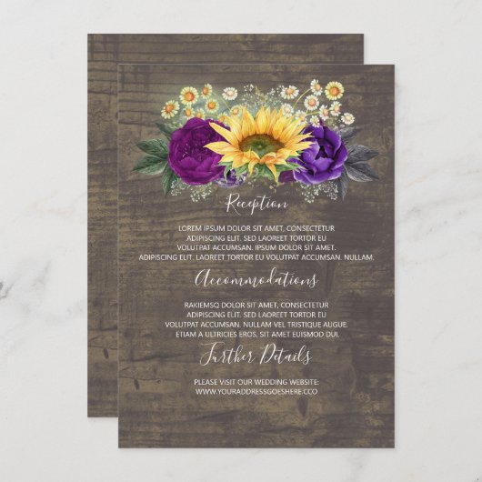 Zonnebloemen herfst bruiloft details informatie ga informatiekaartje (Voorkant / Achterkant)