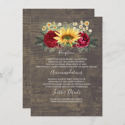 Zonnebloemen herfst bruiloft details informatie ga informatiekaartje (Voorkant / Achterkant)