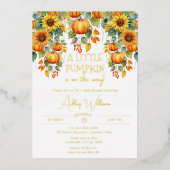 Zonnebloemen Herfst Een beetje pompoen Baby shower Folie Uitnodiging (Voorkant)