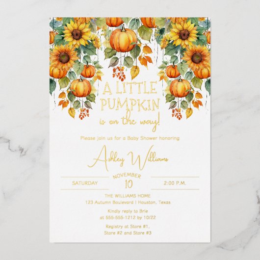Zonnebloemen Herfst Een beetje pompoen Baby shower Folie Uitnodiging (Voorkant)
