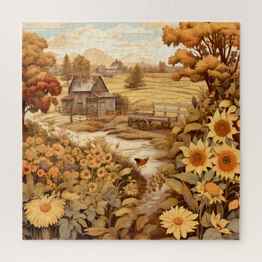 Zonnebloemen Herfstbladeren Land Boerderij Schuur Legpuzzel (Verticaal)