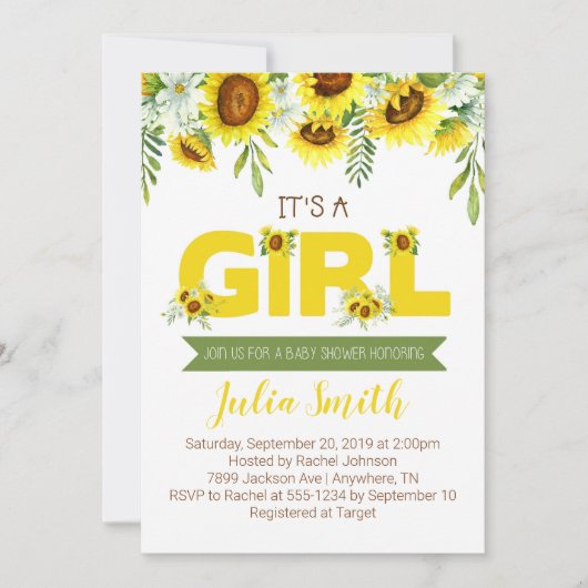 Zonnebloemen Het is een meisje Baby shower uitnodi Kaart (Voorkant)
