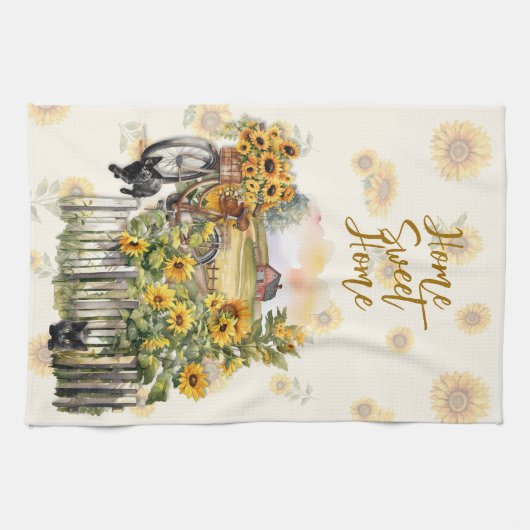 Zonnebloemen Homestead Boerderij Scene Theedoek (Horizontaal)