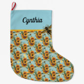 Zonnebloemen Honeycomb en bijen Turquoise en Gold Grote Kerstsok (Voorkant)