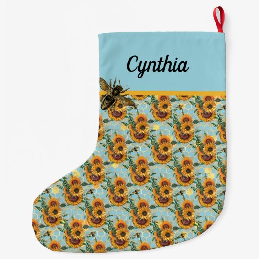 Zonnebloemen Honeycomb en bijen Turquoise en Gold Grote Kerstsok (Achterkant)