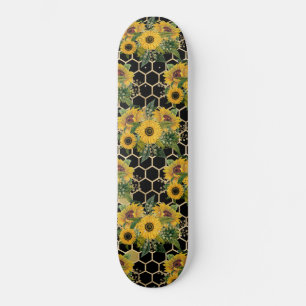 Zonnebloemen Honingraat Bloempatroon Zwart Persoonlijk Skateboard