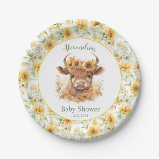 Zonnebloemen Hoogland Koe Baby shower Papier Bord (Voorkant)
