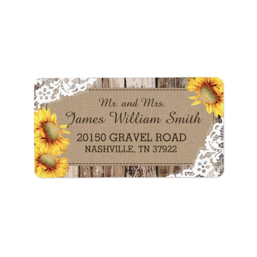 Zonnebloemen Hout en Kant Rustiek Bruiloft Label (Voorkant)