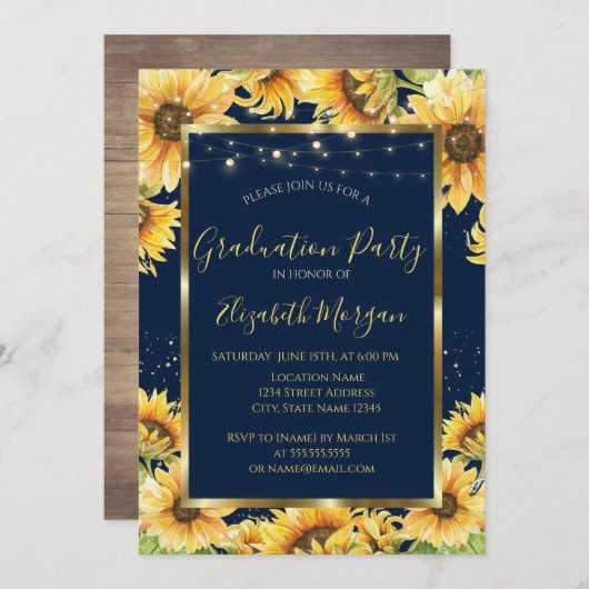 Zonnebloemen, Hout, Lijst Navy Blue Afstuderen Kaart (Voorkant / Achterkant)