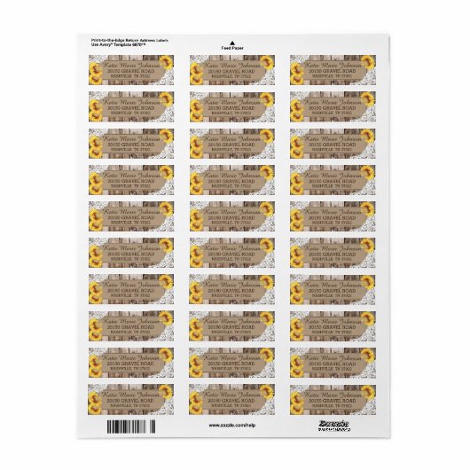 Zonnebloemen Houten Kant Rustiek Bruiloft Label (Full Sheet)
