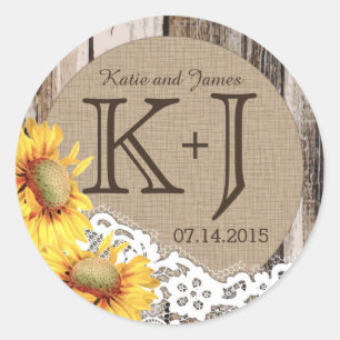 Zonnebloemen Houten Kant Rustiek Land Bruiloft Lab Ronde Sticker