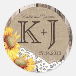 Zonnebloemen Houten Kant Rustiek Land Bruiloft Lab Ronde Sticker