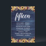 Zonnebloemen Houtlijstnummer gastlandnaam budget<br><div class="desc">Een begrotingstabel voor uw individuele tafels met blauwe houtkorrel,  zonnebloemen en bloemen in bloei en onder vuur,  en groene en bessen twijgen. Voeg het lijstaantal in een charmerend kalligrafiekmanuscript samen met de namen van uw gasten in een moderne doopvont toe.</div>