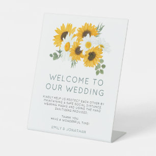 Zonnebloemen Huwelijk Welkom COVID Veiligheid Reclamebord Met Voetstuk