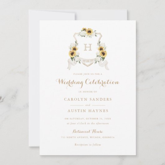 Zonnebloemen Hydrangea Crest Monogram Bruiloft Kaart (Voorkant)