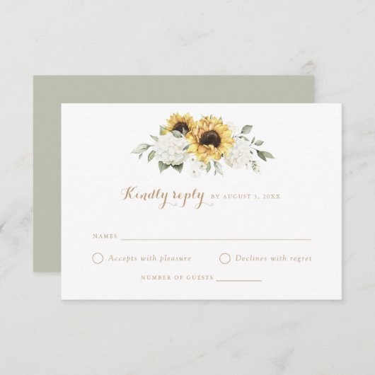 Zonnebloemen Hydrangea groen bruiloft RSVP Kaart (Voorkant / Achterkant)