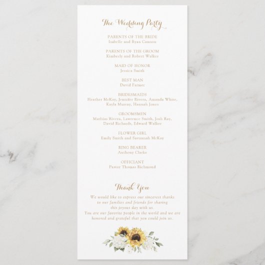 Zonnebloemen Hydrangea Groene Krans Trouwdag Programmakaart (Achterkant)