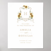 Zonnebloemen Hydrangea Wapen Monogram Welkom Bord Poster (Voorkant)