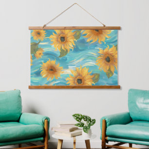 Zonnebloemen in blauw hangend wandkleed